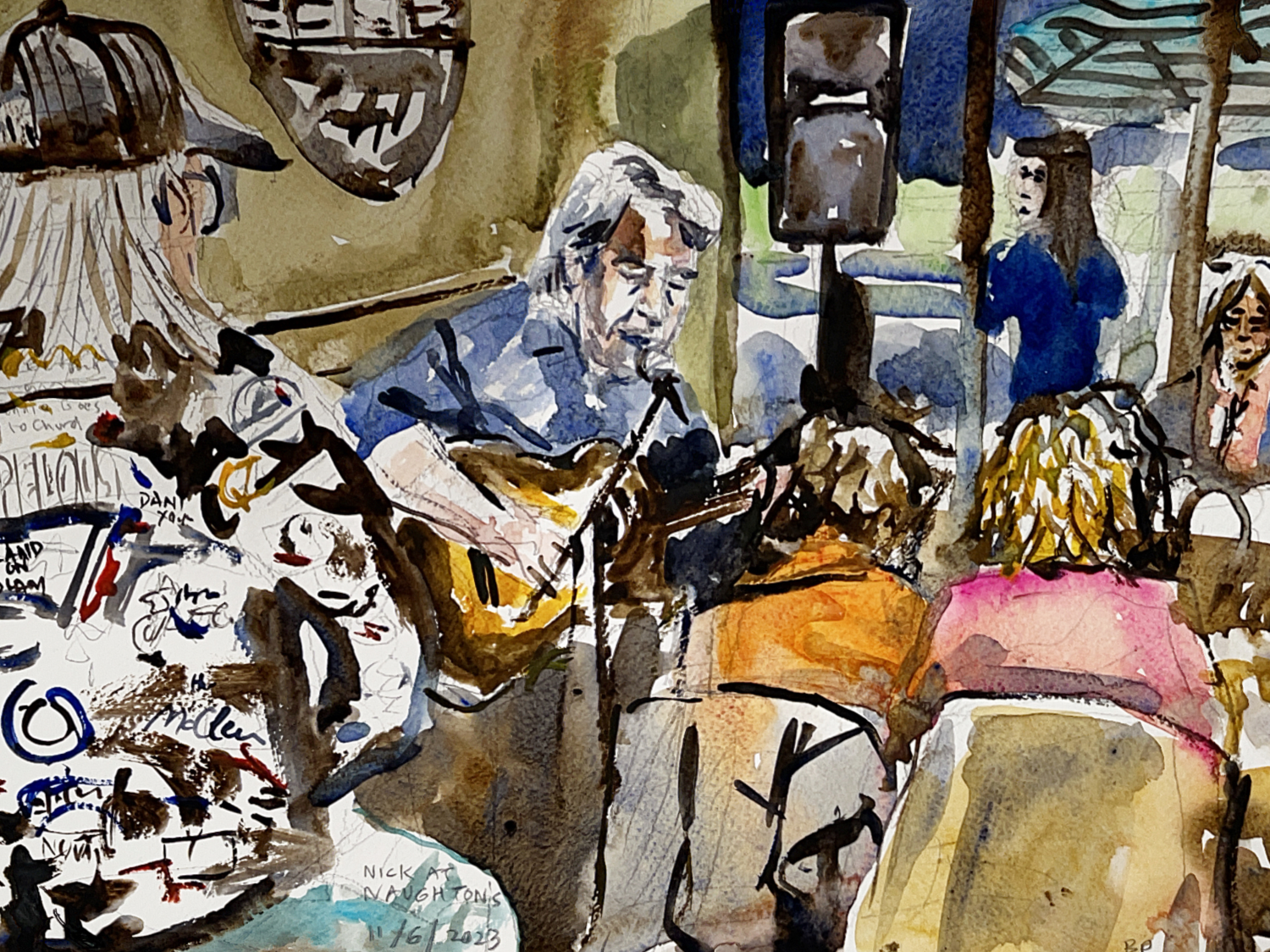 Watercolour of Nick playing at Naughton's Hotel Parkville